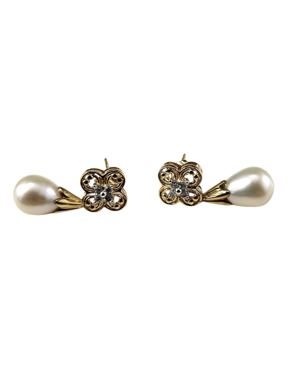 10K Yellow Gold Pearl and Diamond Drop Earrings #24490